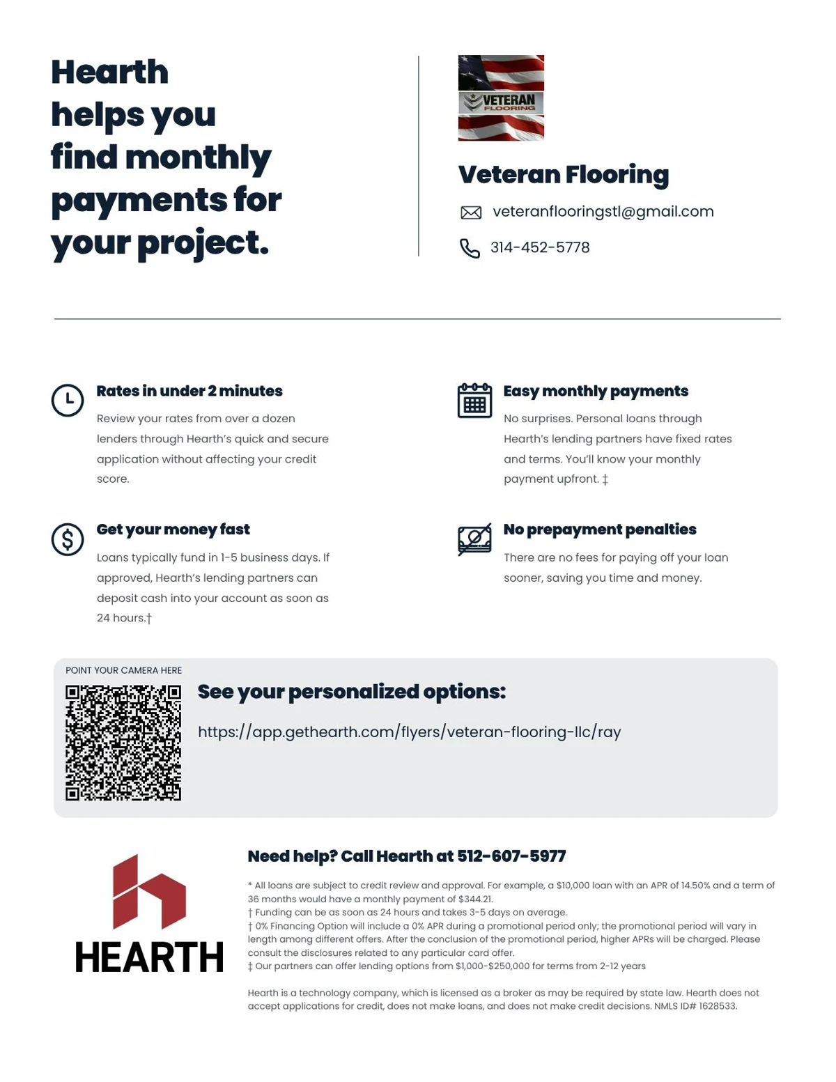 Hearth financing flyer for Veteran Flooring with QR code to see personalized payment options